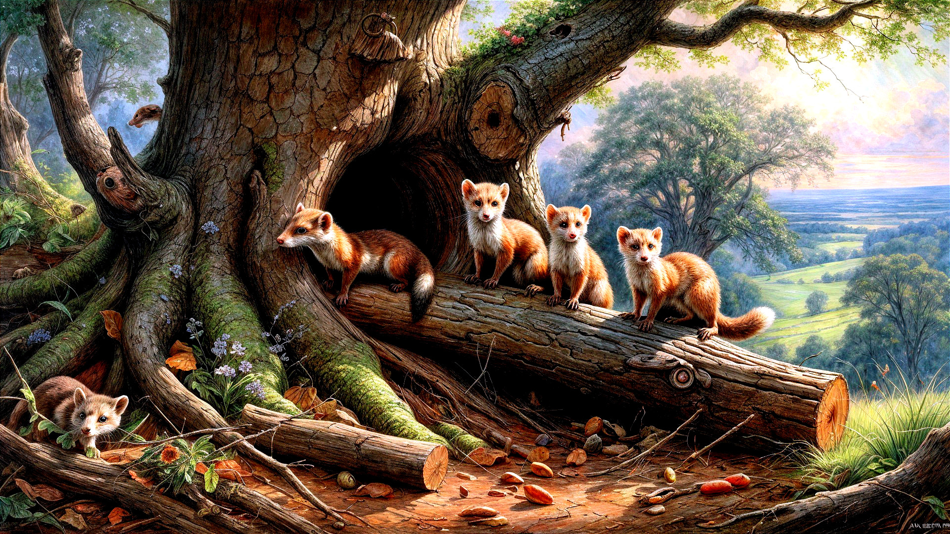 Playful Fox Family in a Lush Woodland Setting