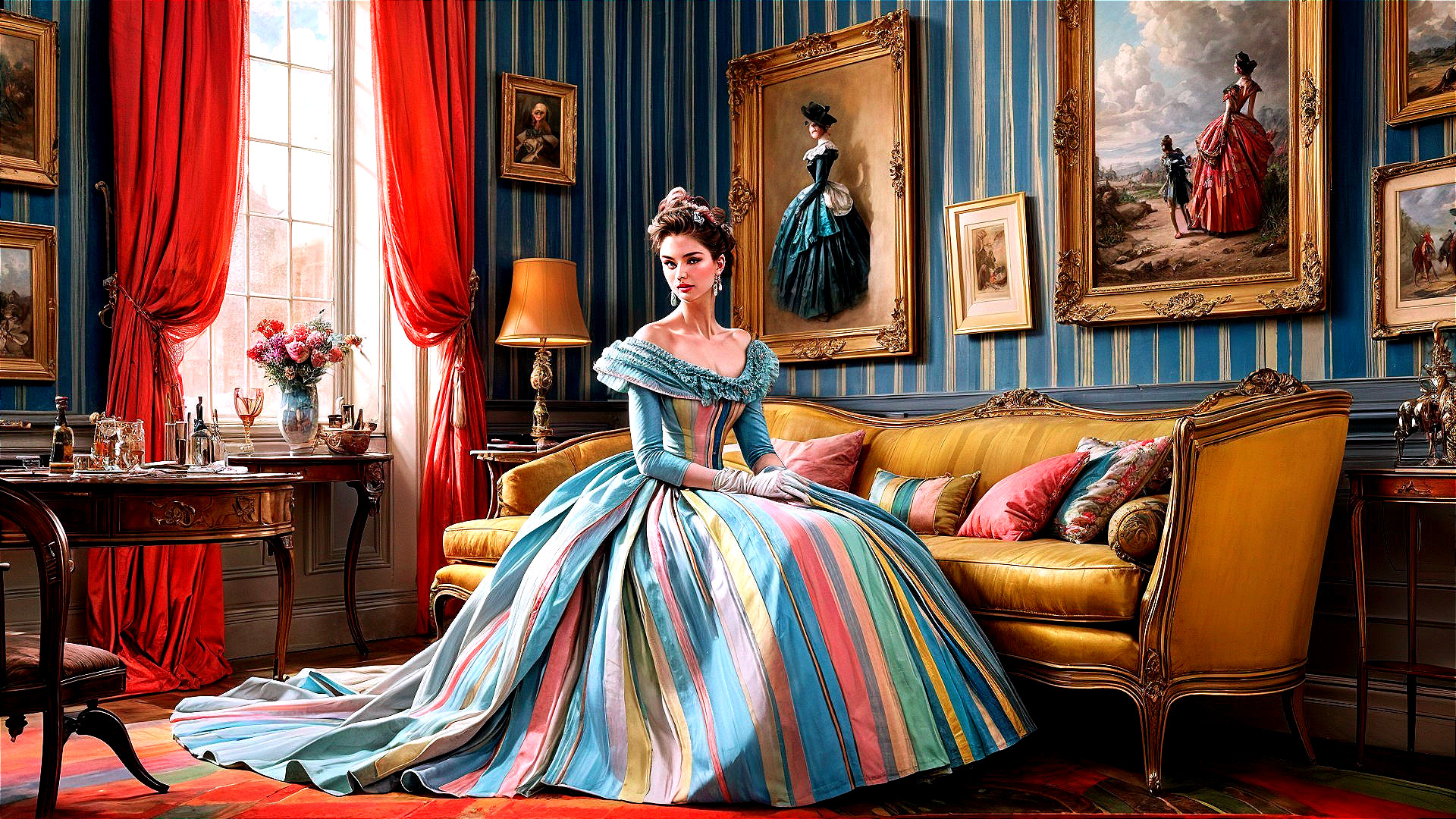Young woman in striped gown in vintage room setting