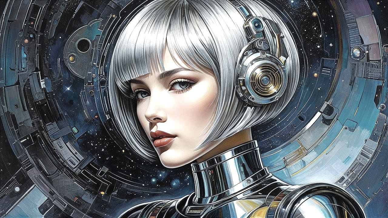 Futuristic Female Character in Cosmic Sci-Fi Setting