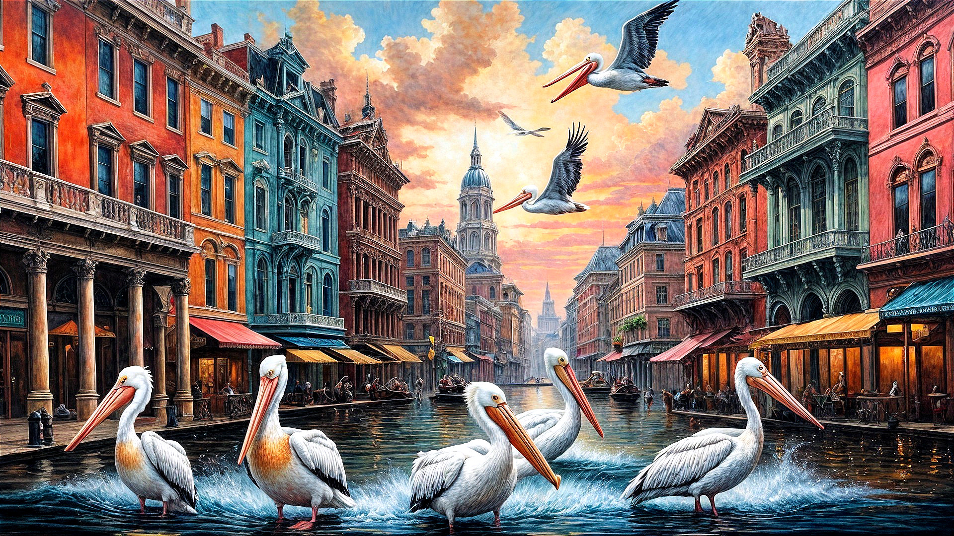 Vibrant Waterway with Historic Buildings and Pelicans