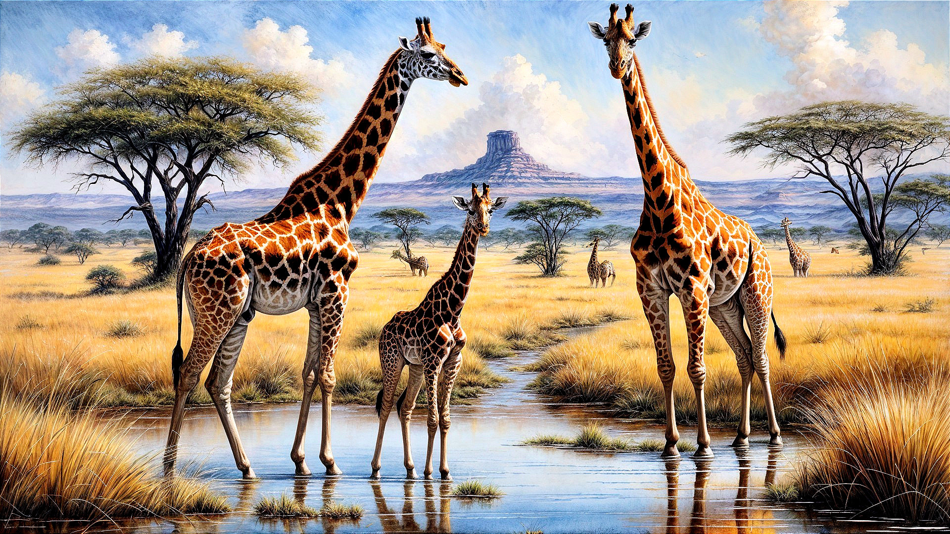 Giraffes by Waterhole in Vibrant Savanna Landscape