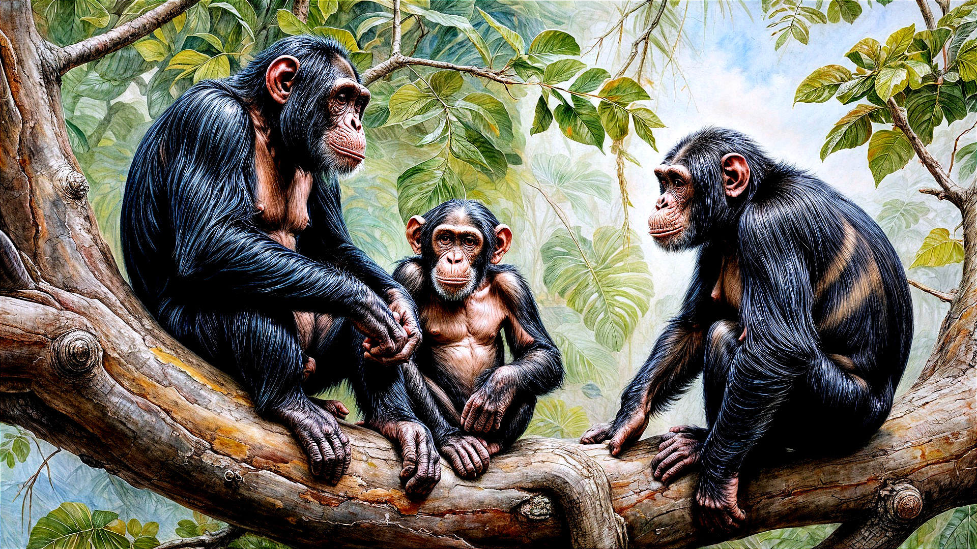 Chimpanzees on a tree branch in lush foliage