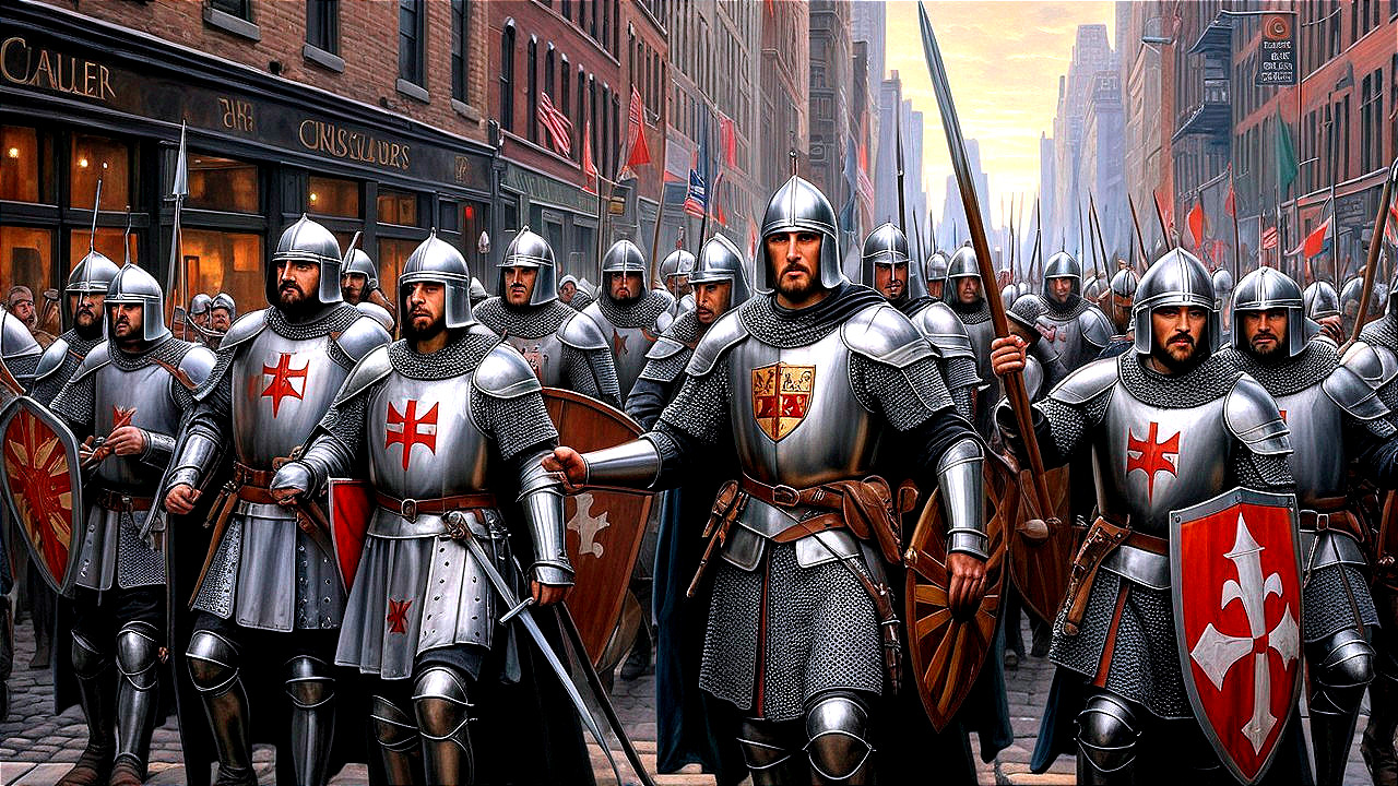 Armored Knights Parade in Historic Urban Setting