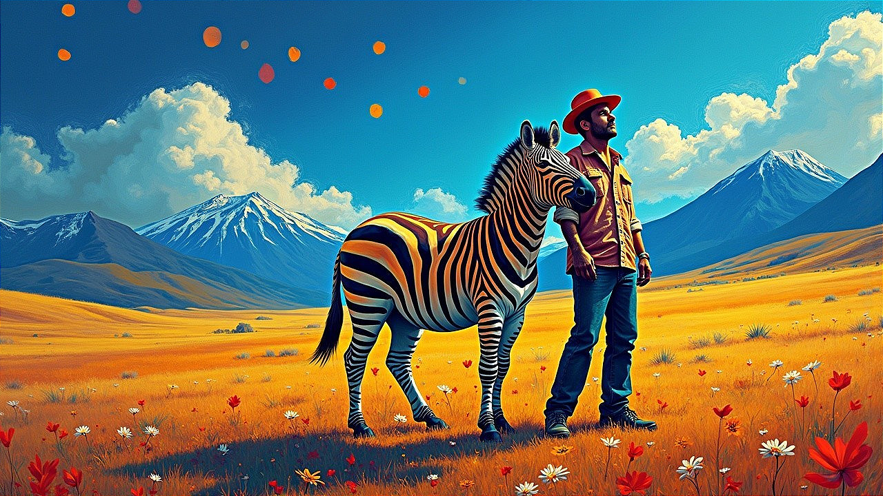Man in Yellow Hat with Zebra in Colorful Landscape