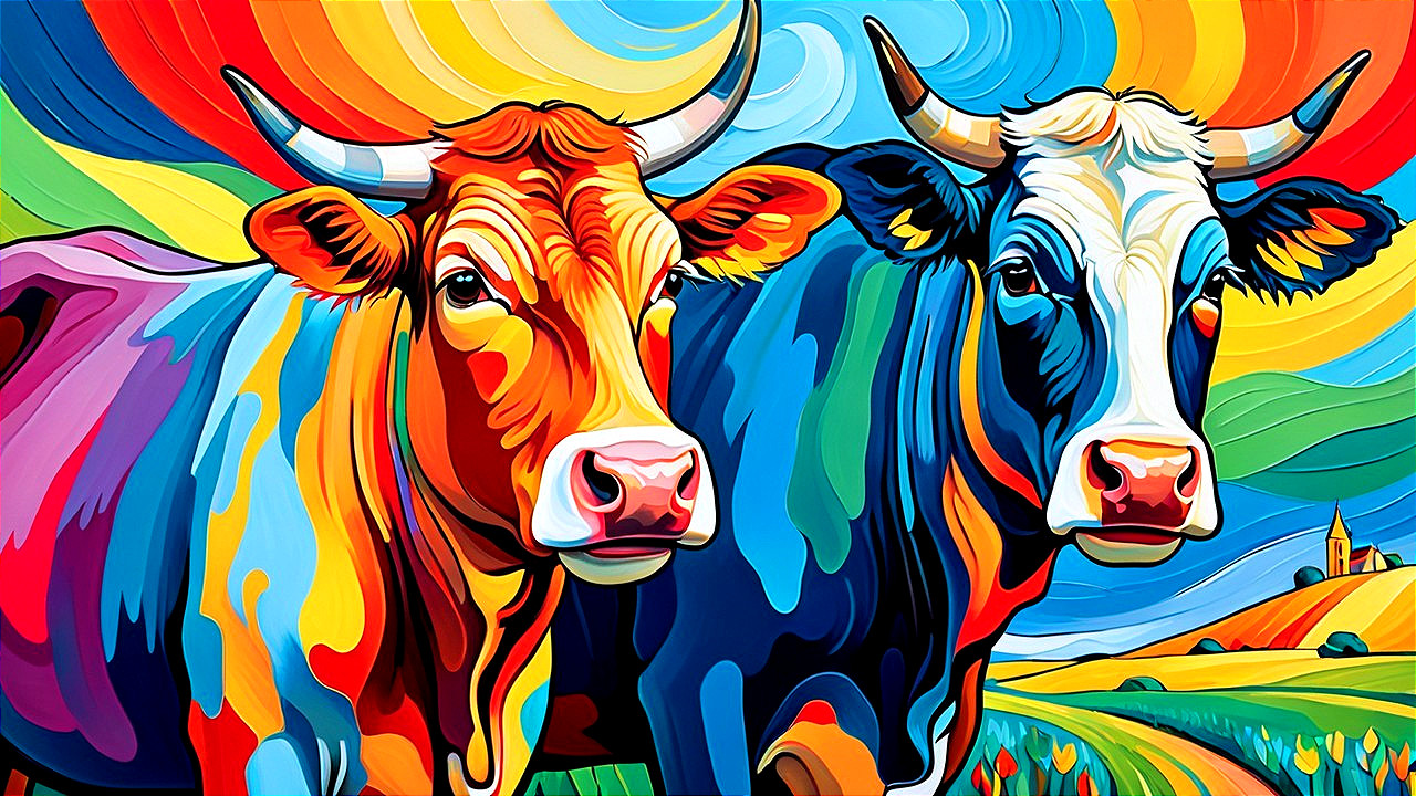 Vibrant Stylized Cows in Abstract Colorful Background