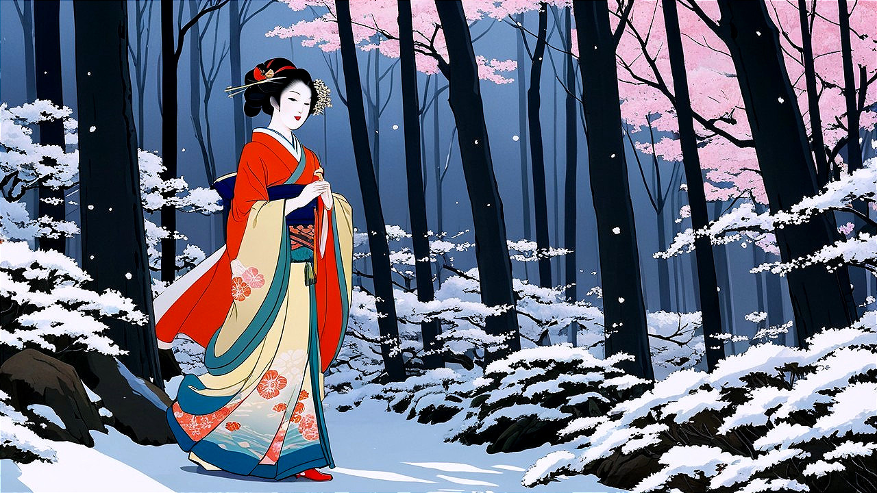 Woman in Kimono Walking in Snowy Forest