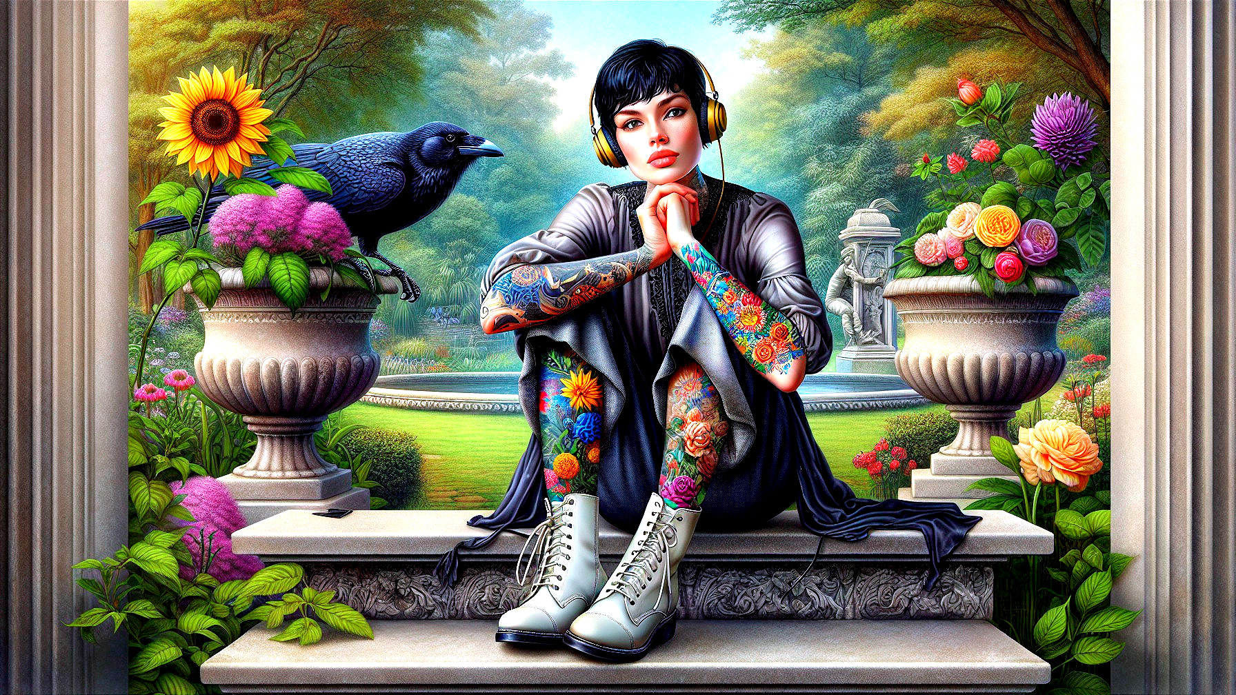 Young Woman with Tattoos in a Serene Garden Setting