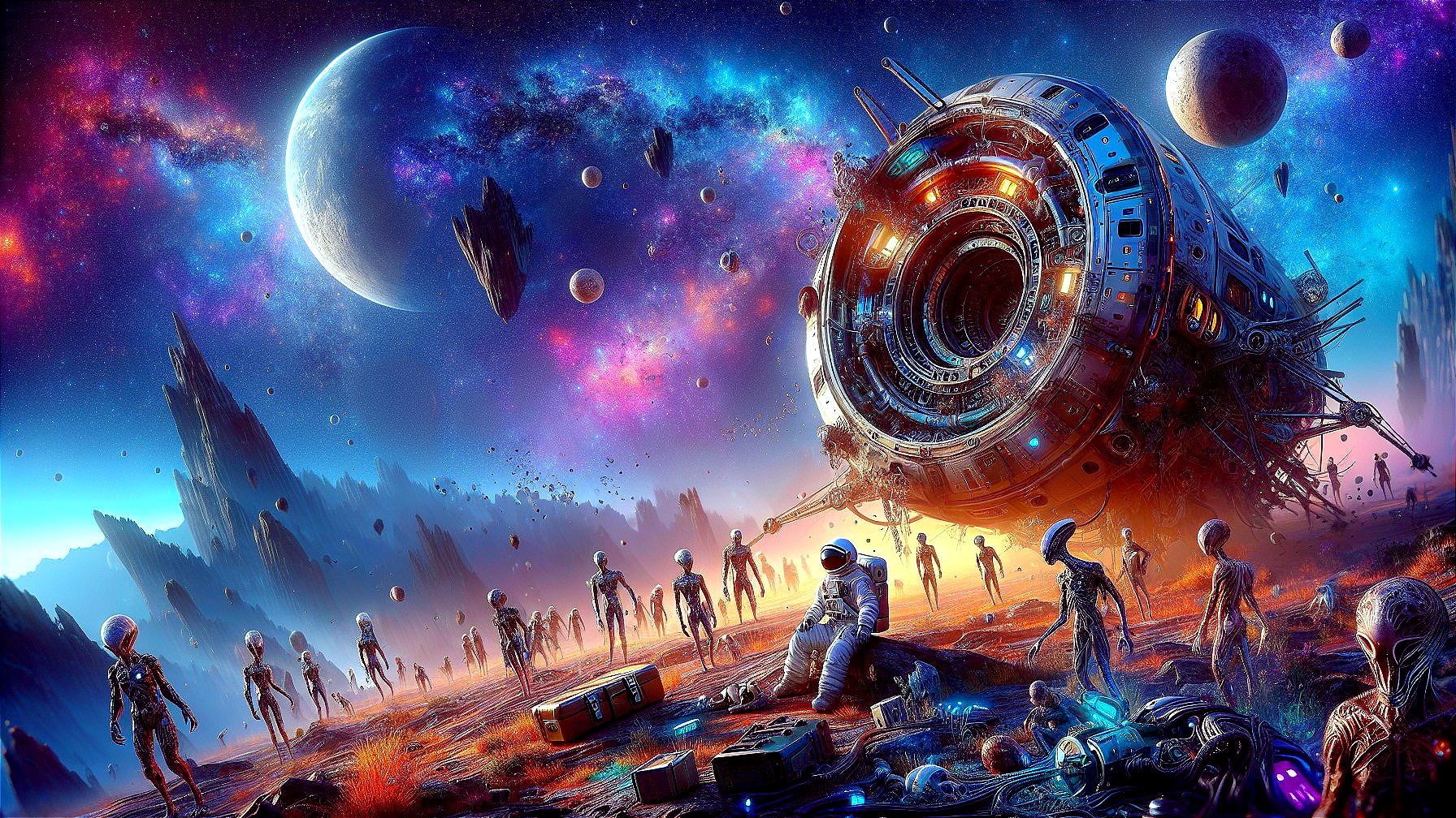 Metallic Spaceship in Alien Landscape with Extraterrestrials