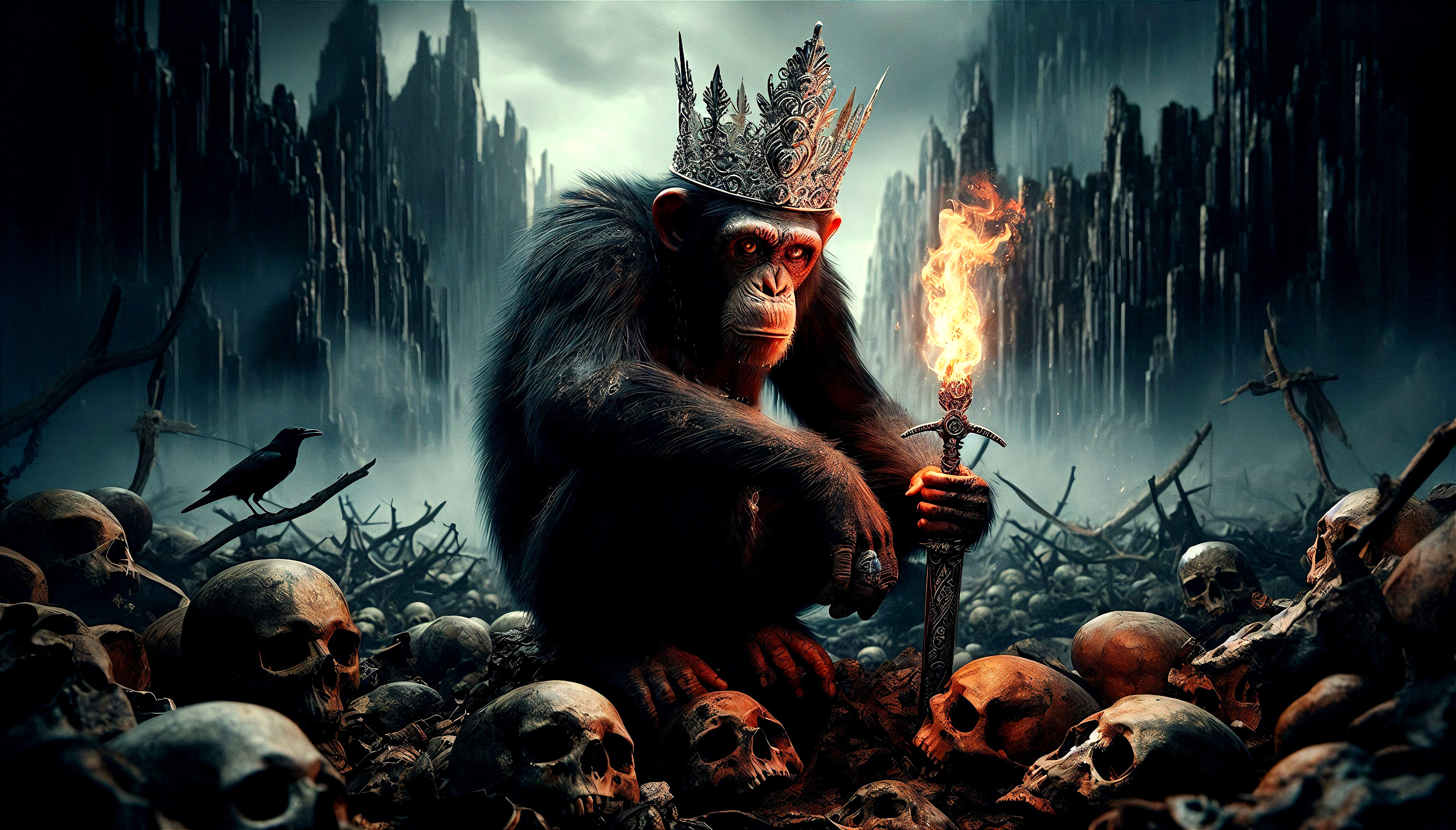 Regal monkey on skull throne in dark landscape