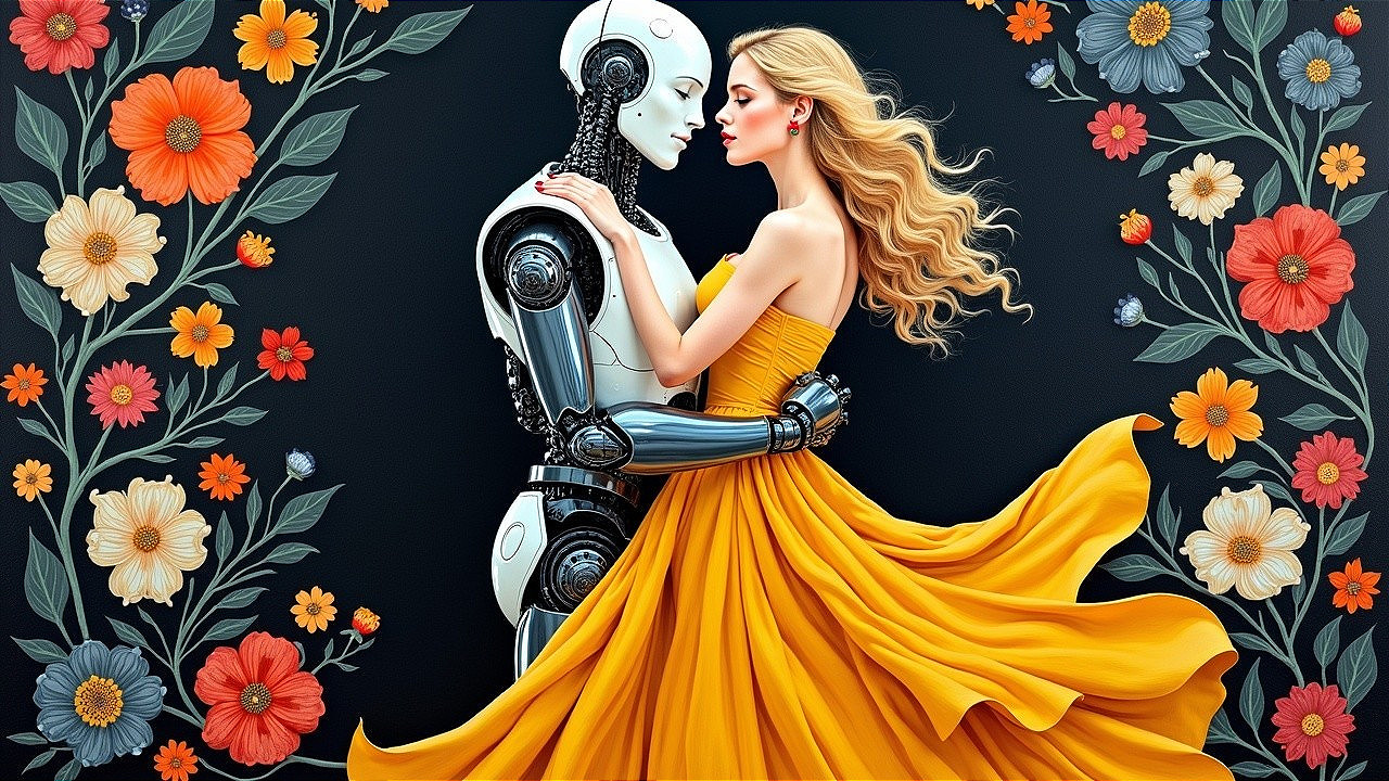 Futuristic Scene of Woman and Humanoid Robot Embrace
