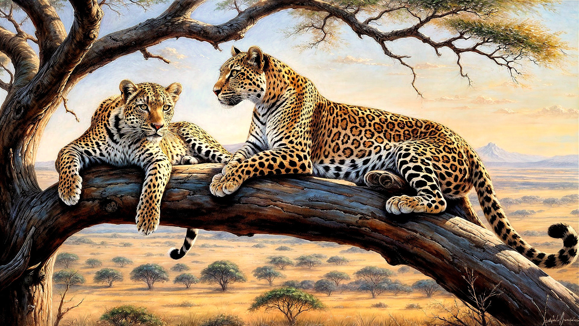 Leopards Relaxing on Tree Branch in Savanna Landscape