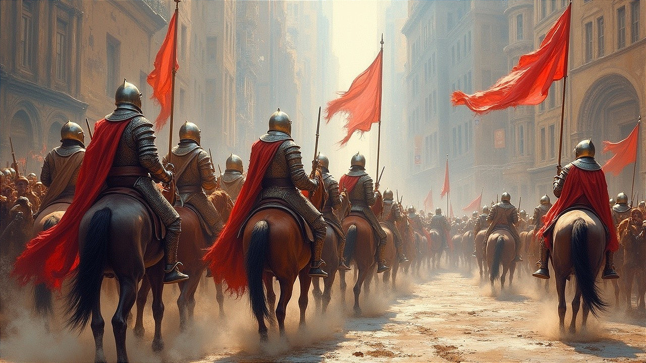 Armored Knights in Foggy Street with Vibrant Capes