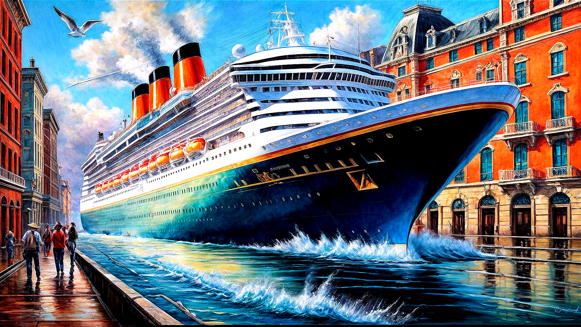 Cruise Ship in Scenic Canal with Colorful Buildings