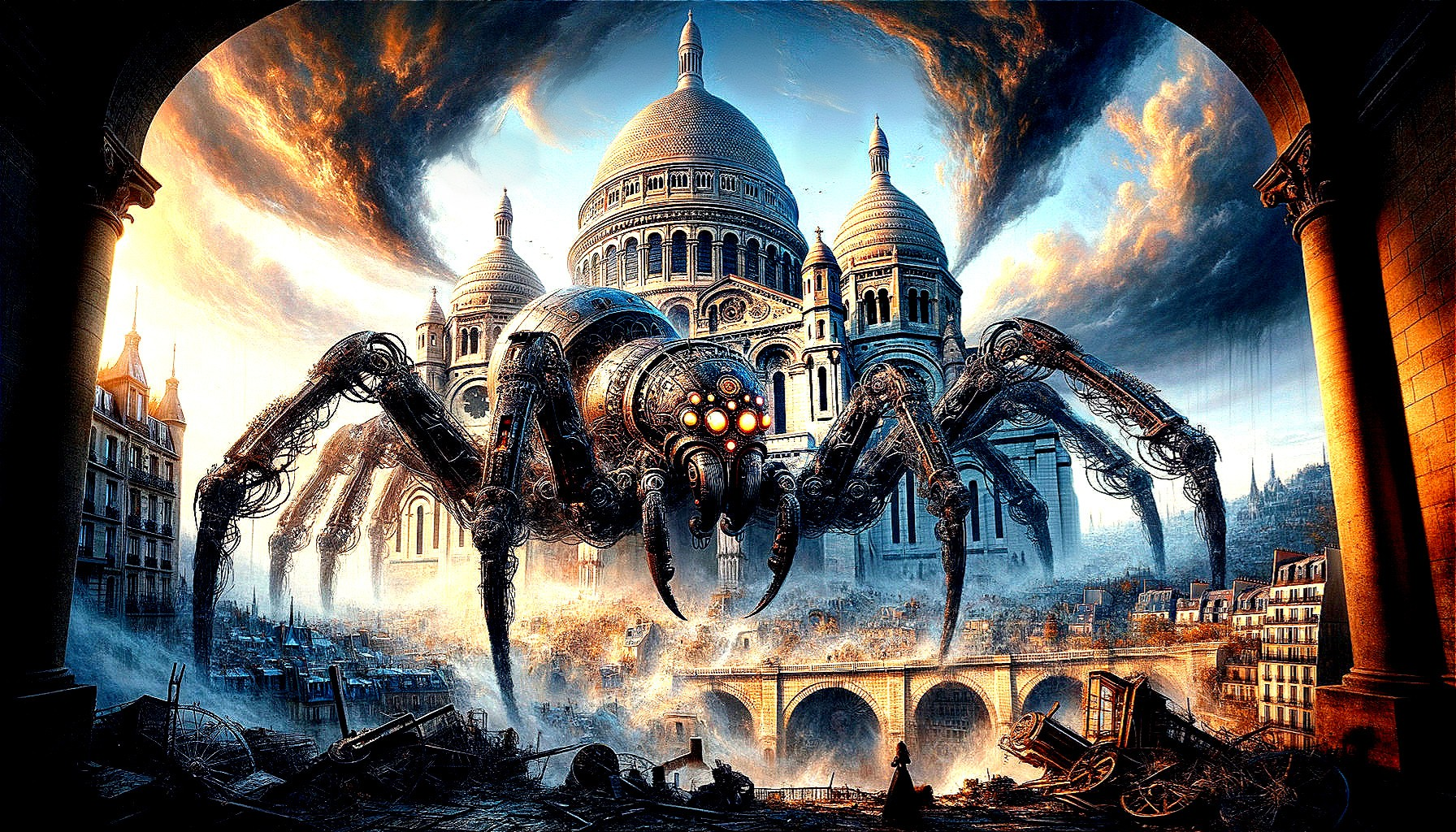 Mechanical Spider Overlooks Dystopian Cityscape