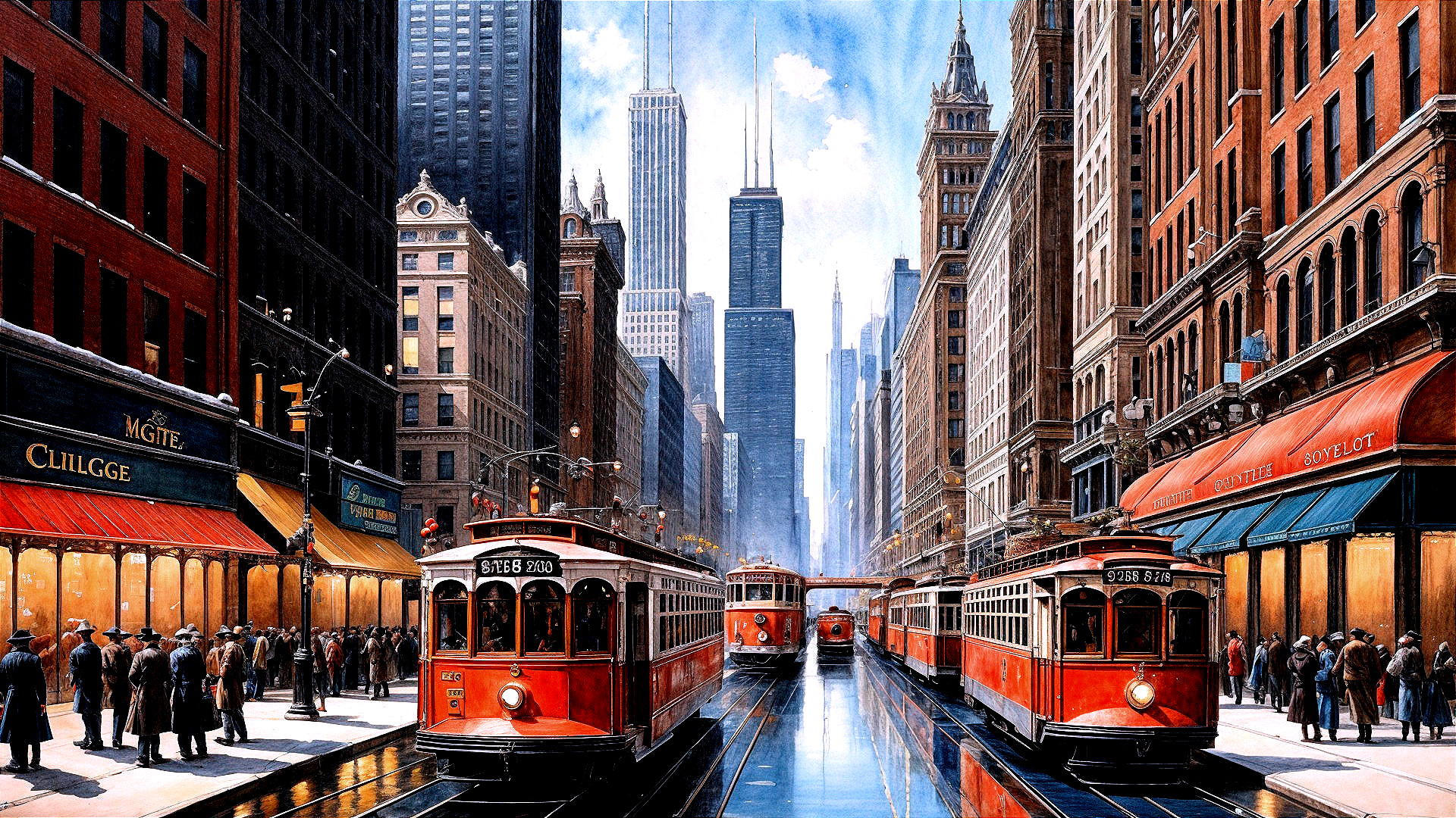 Early 20th Century City Street with Vintage Streetcars