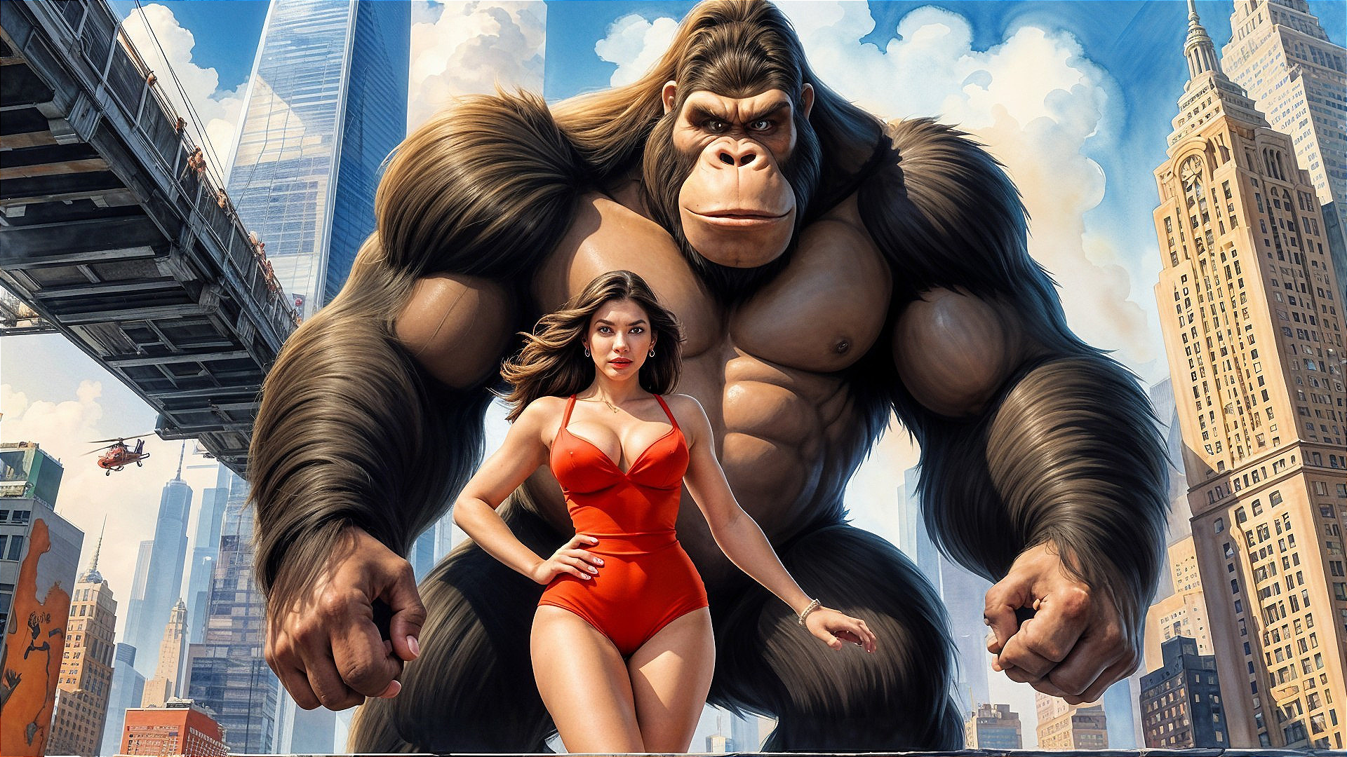 Muscular Gorilla and Woman in Red Swimsuit Scene