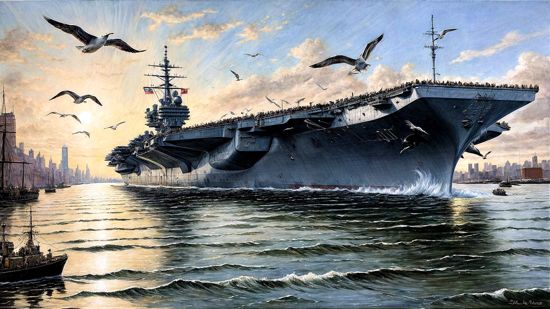 Majestic aircraft carrier at sunset with seagulls above