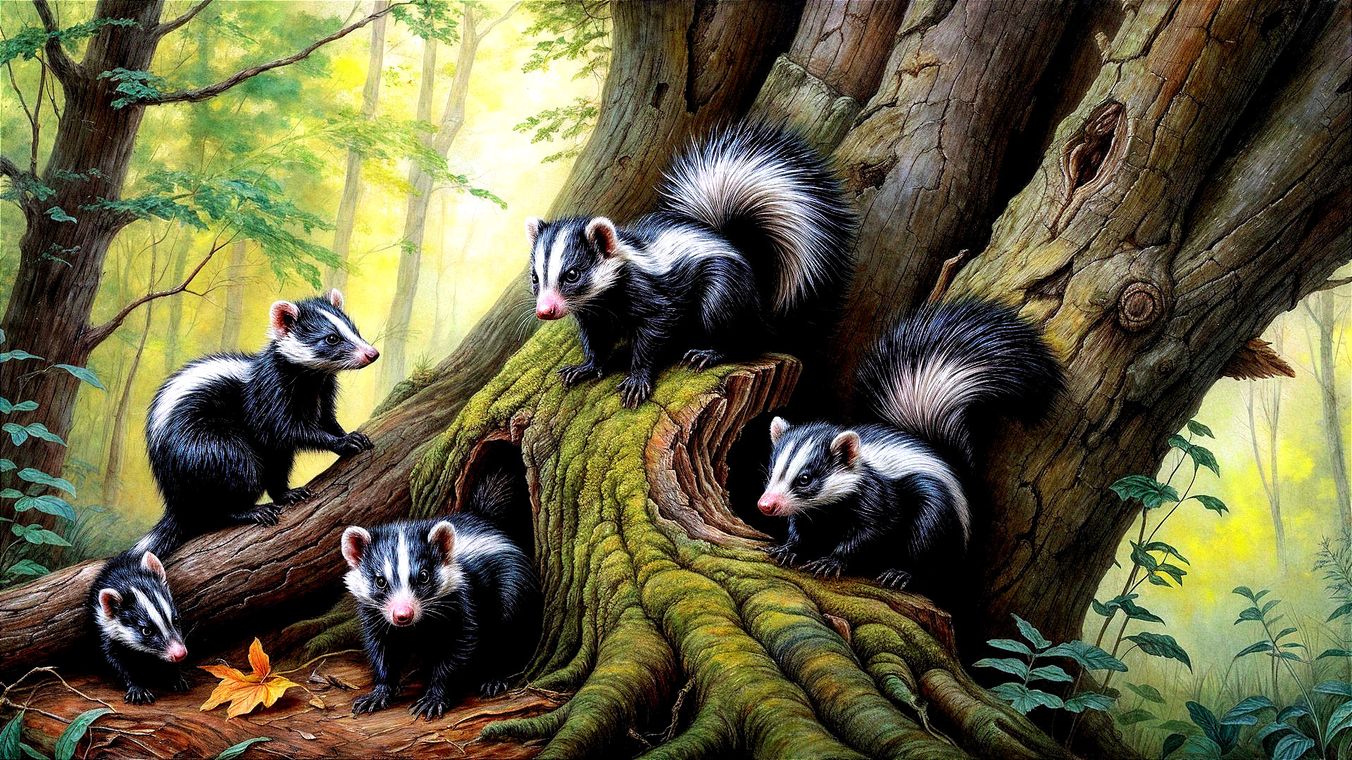 Playful Striped Skunks in a Lush Forest Setting