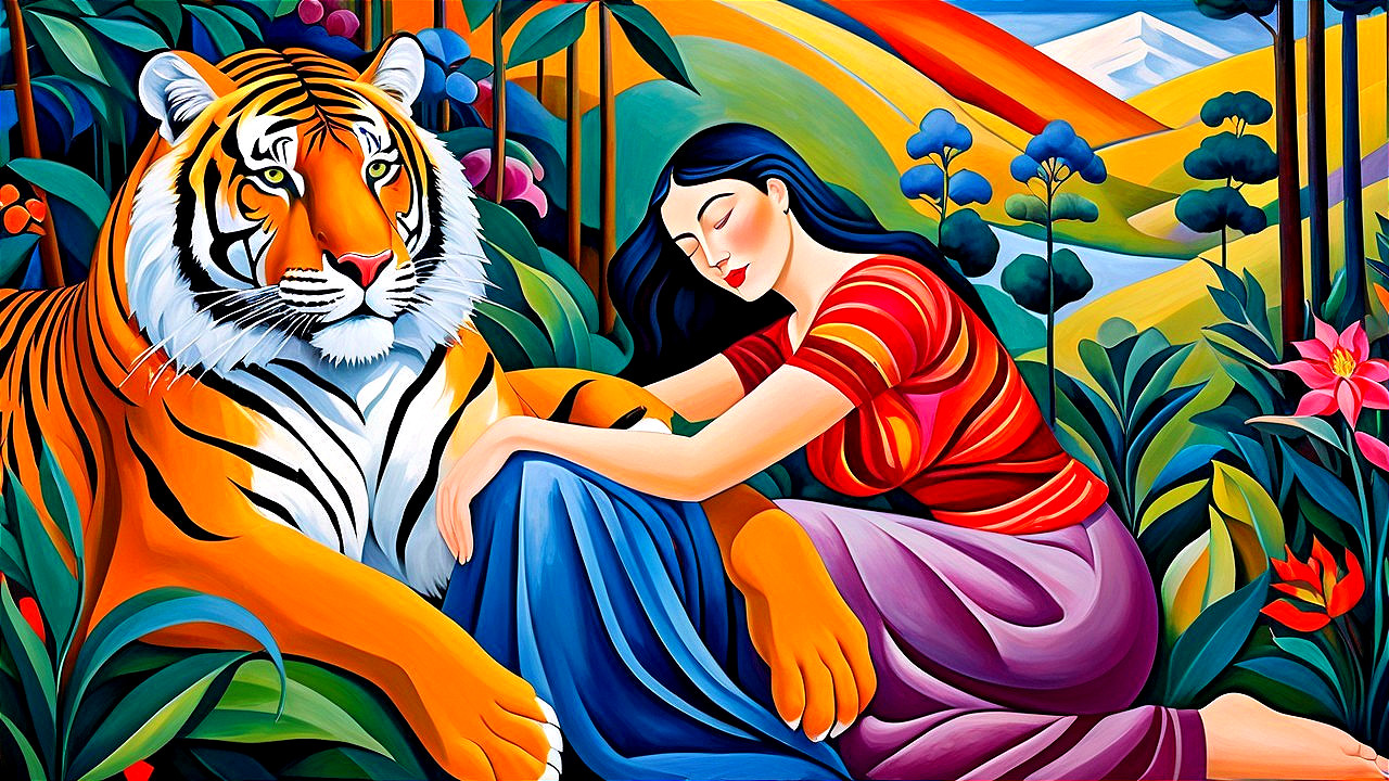 Woman in Striped Top Resting with Majestic Tiger