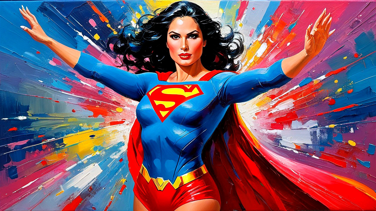 Superheroine in Blue and Red Costume with Iconic Emblem