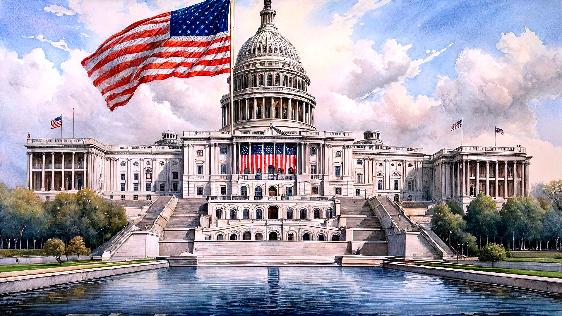 View of the United States Capitol Building and Flags