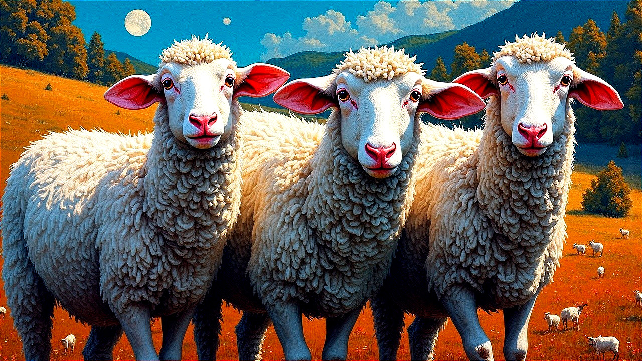 Fluffy White Sheep in a Sunlit Meadow Landscape