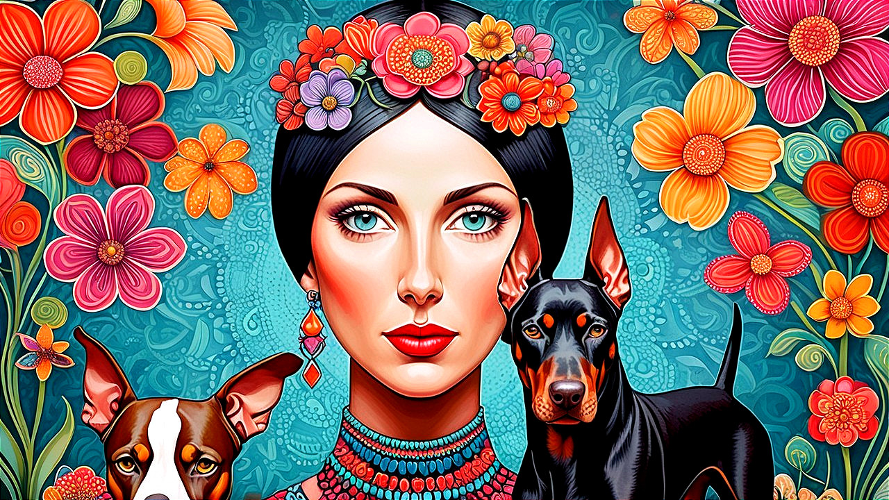 Woman with Blue Eyes Surrounded by Dogs and Flowers