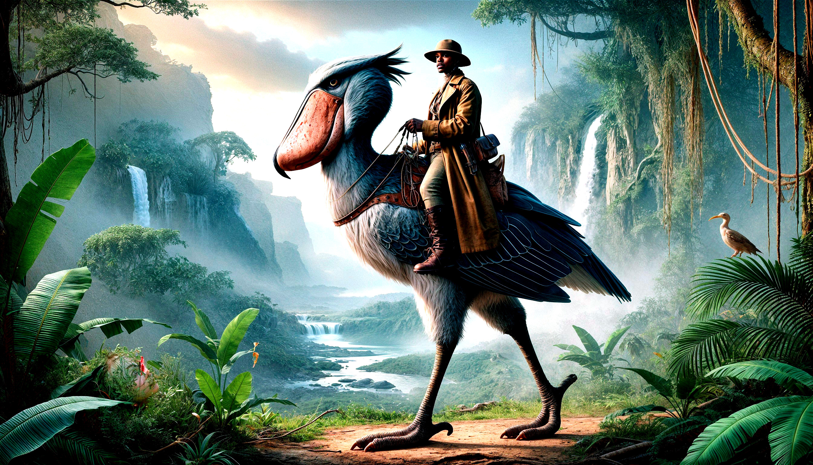 Explorer on a Fantastical Bird in Lush Landscape