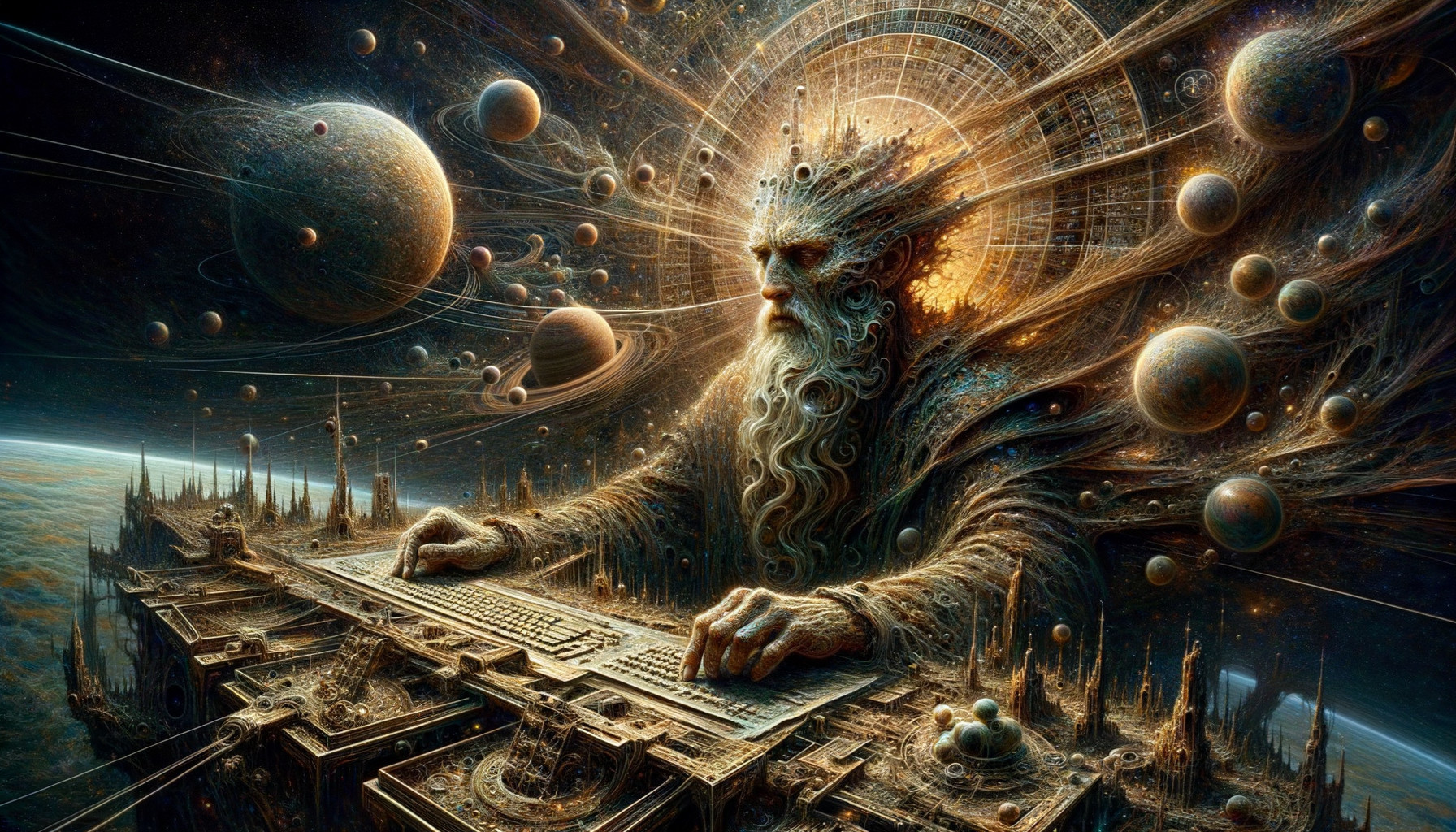 Cosmic entity resembling ancient sage with celestial machinery among planets and star charts