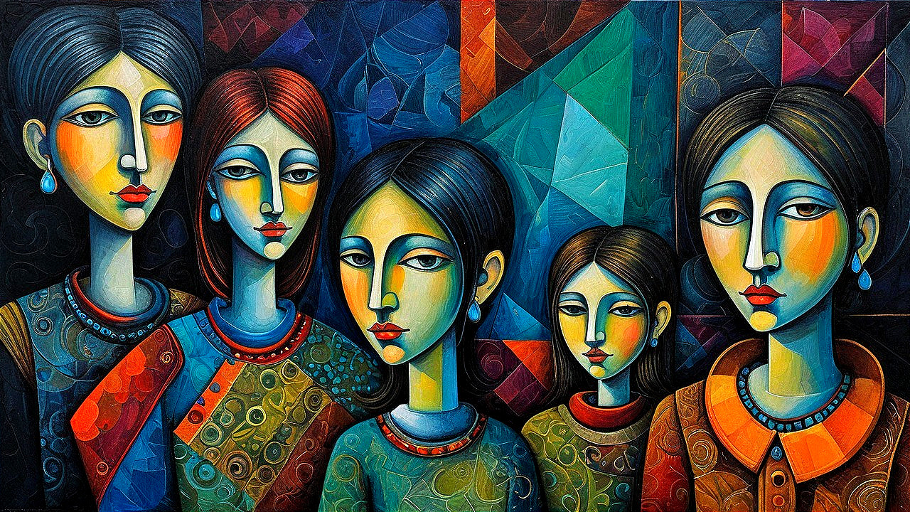 Stylized Women in Colorful Traditional Attire Artwork