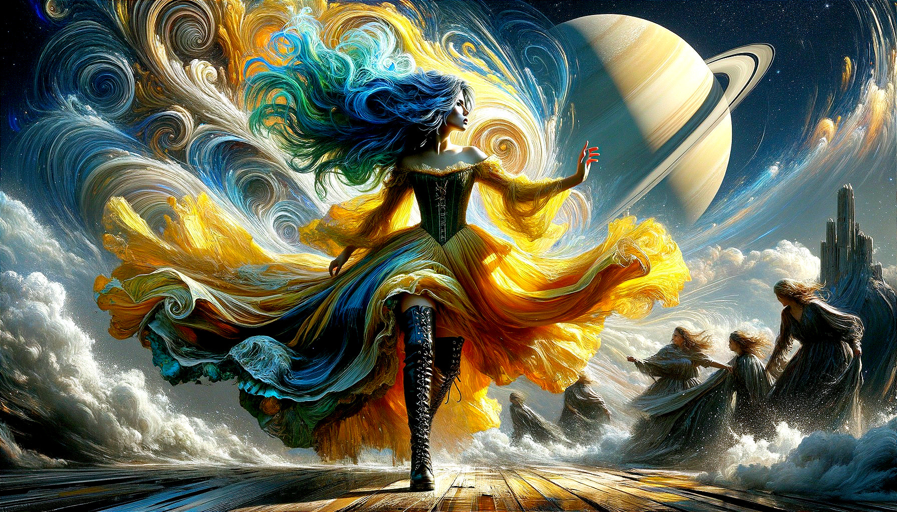 Mystical figure dancing on a celestial stage with Saturn