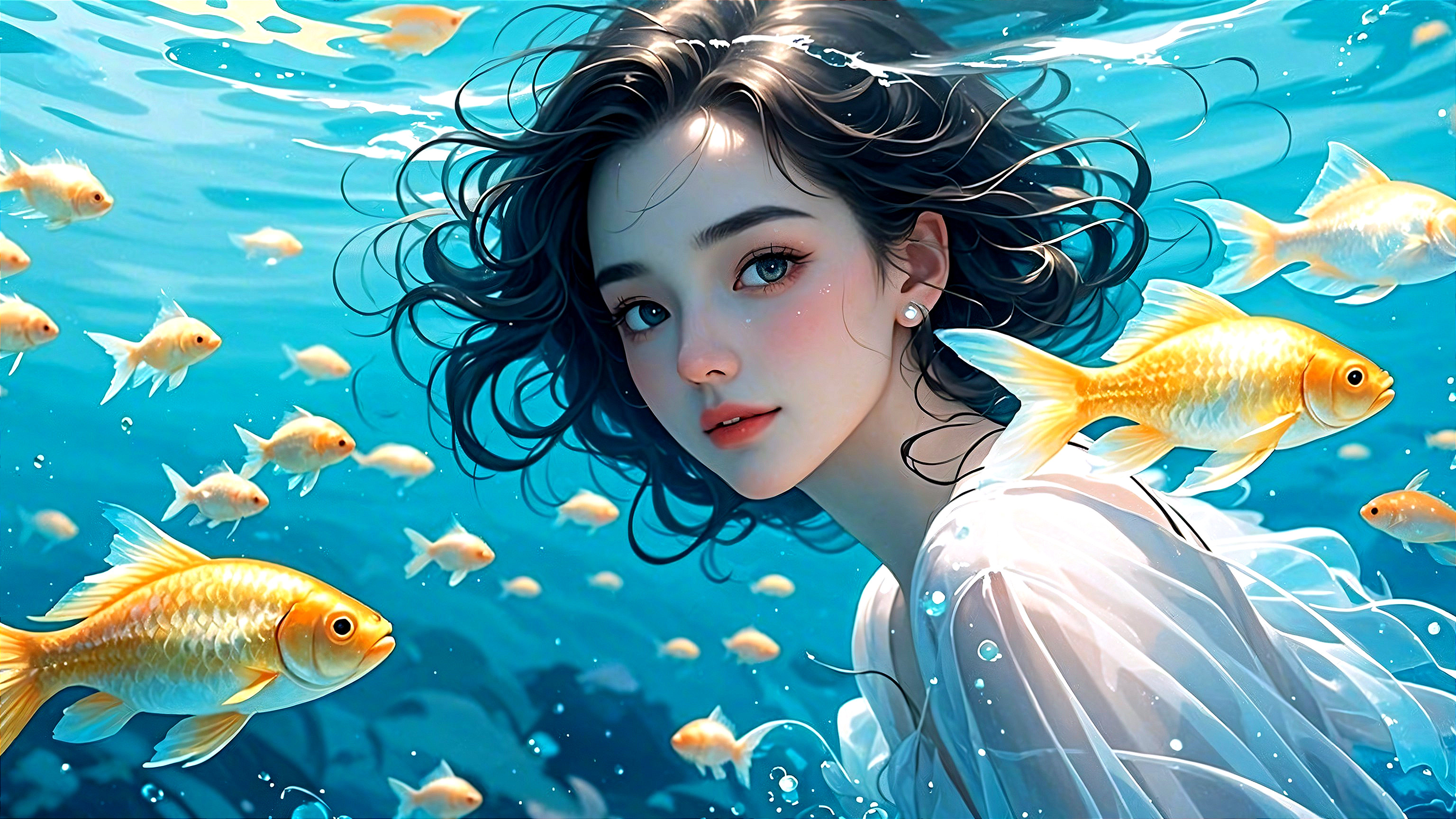 Underwater Scene with Woman and Golden Fish