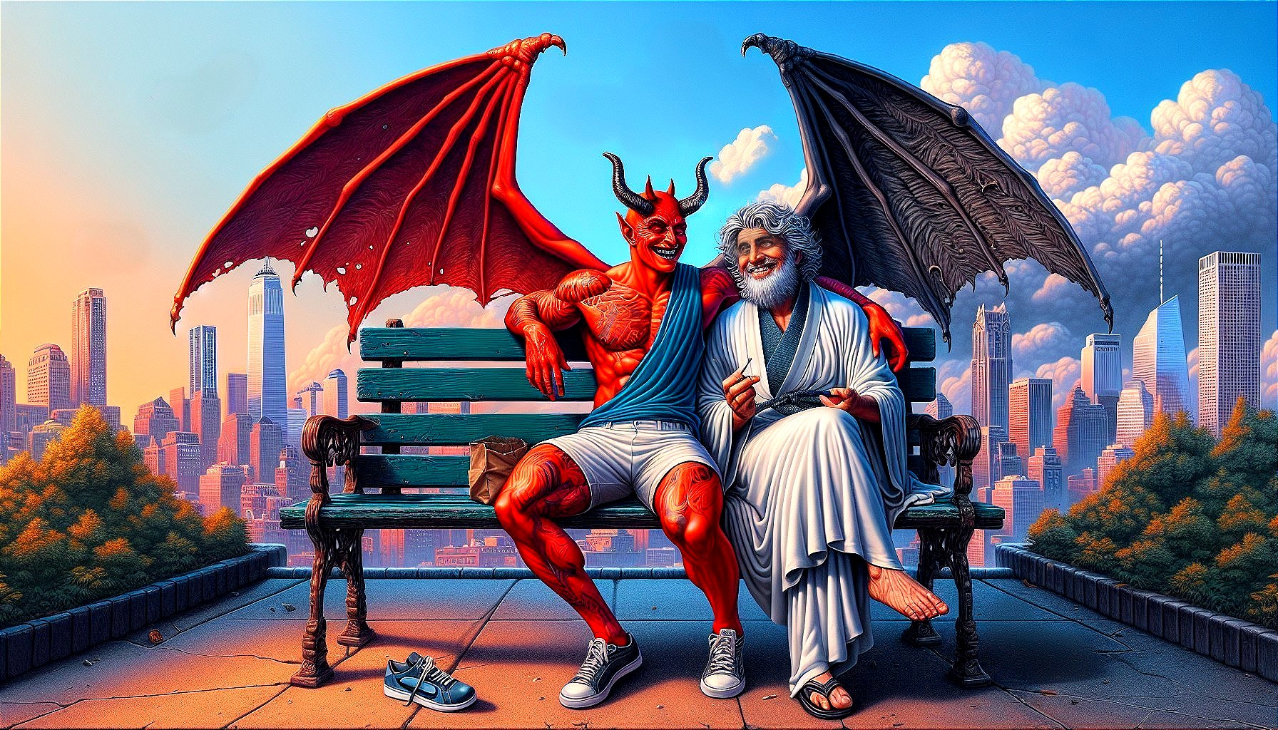 Red-Skinned Figure and Wise Man on Park Bench at Sunset