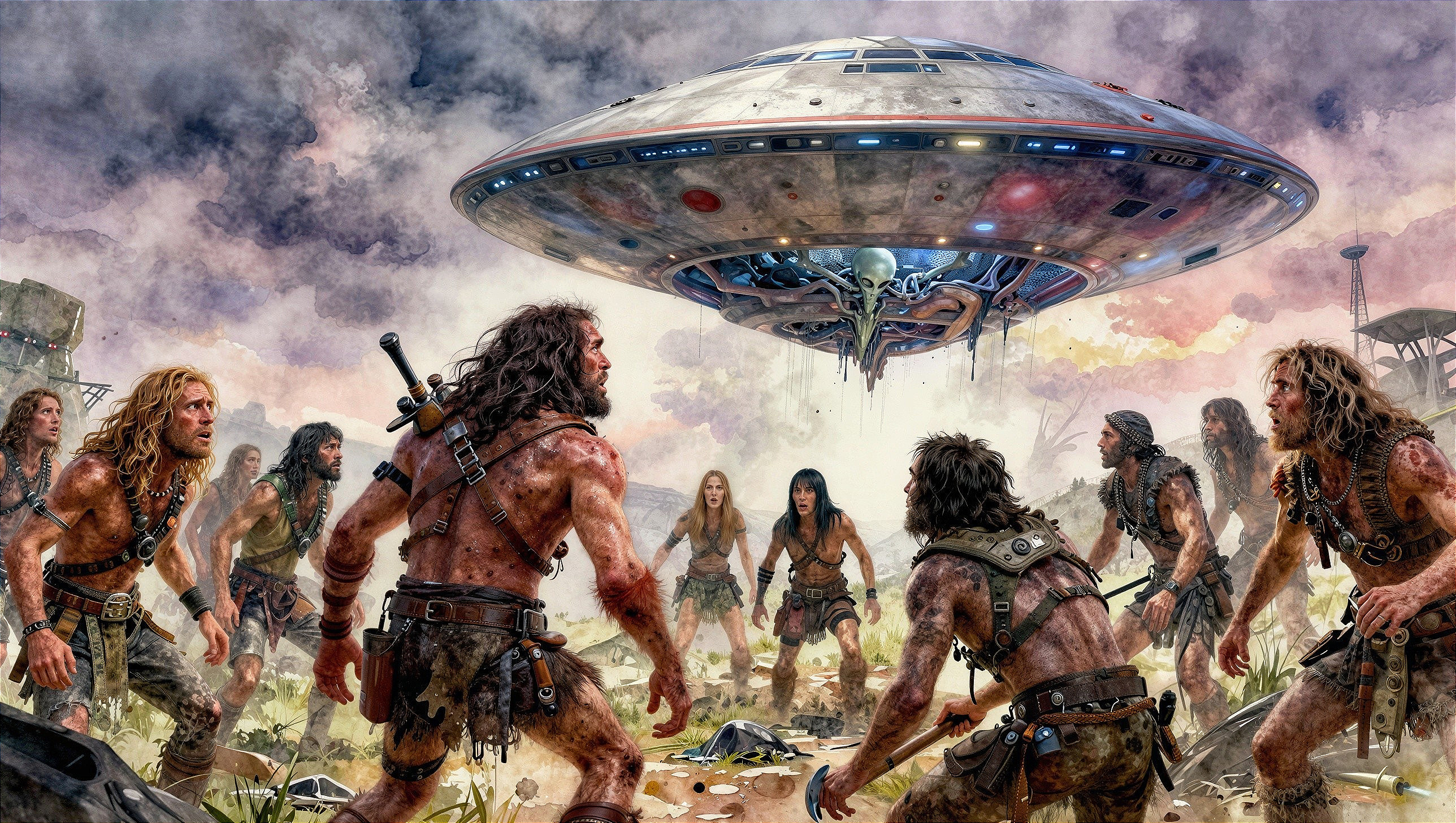 Watercolor Painting of Tribal Figures Under UFO