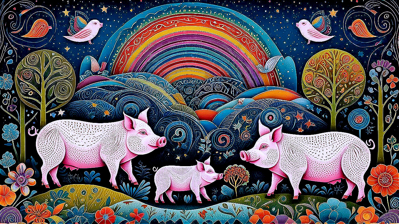 Playful Pigs in a Colorful Whimsical Landscape