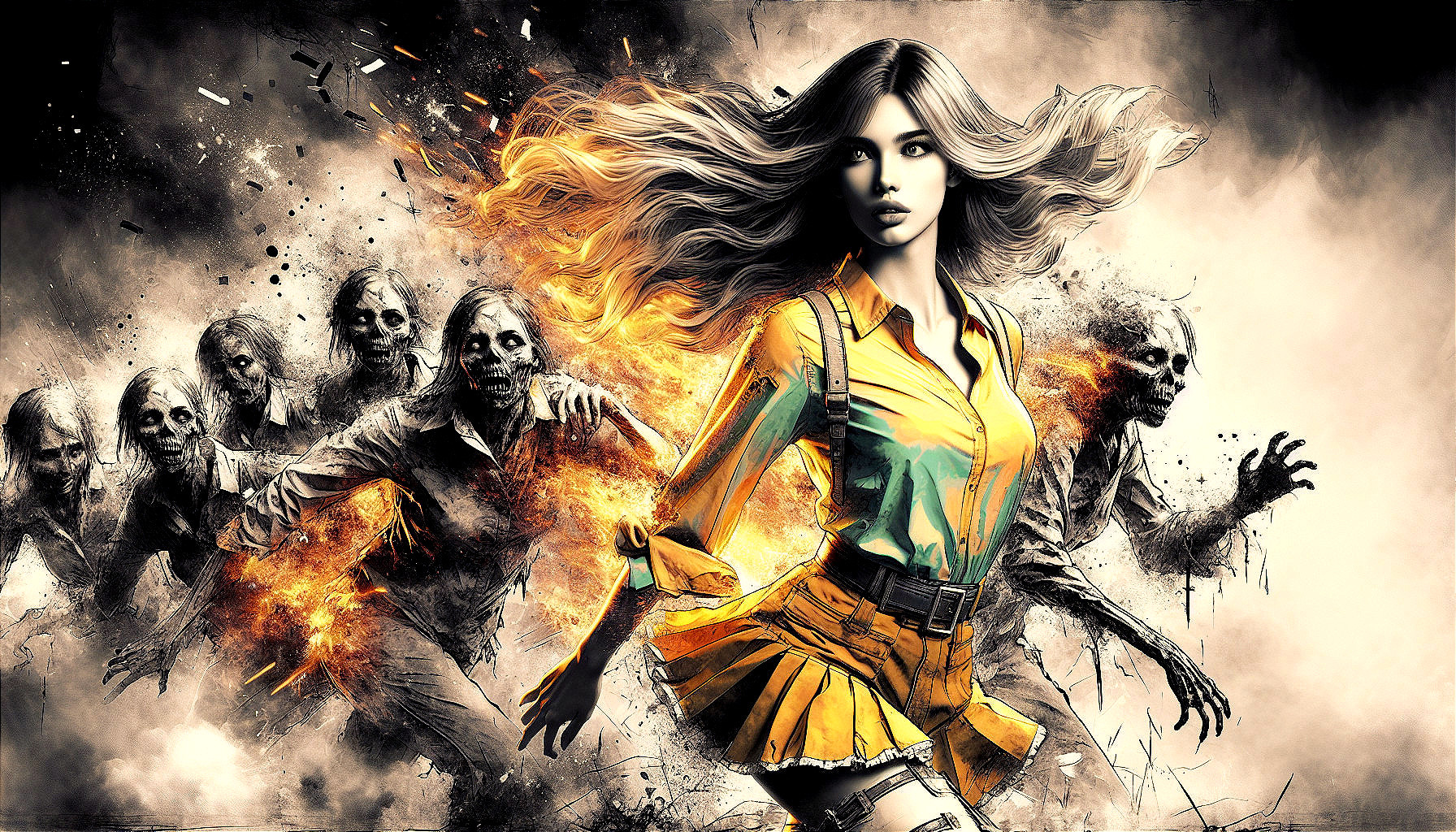 Young Woman Escapes Zombies in Fiery Background