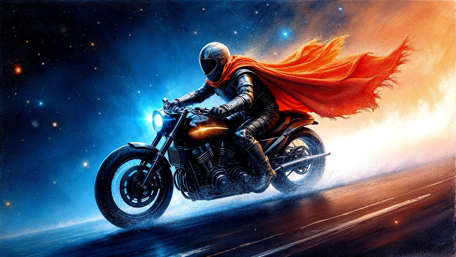 Futuristic motorcyclist in cosmic landscape with armor