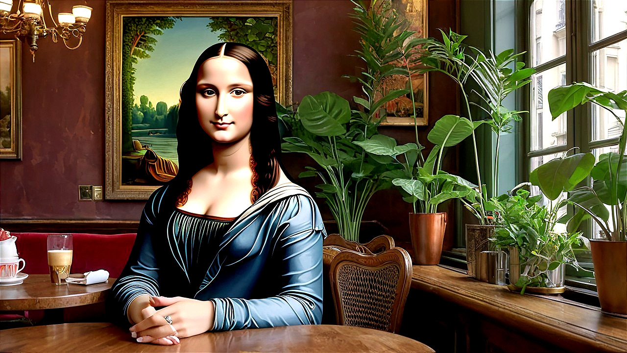 Modern Mona Lisa in Cozy Café Setting with Decor