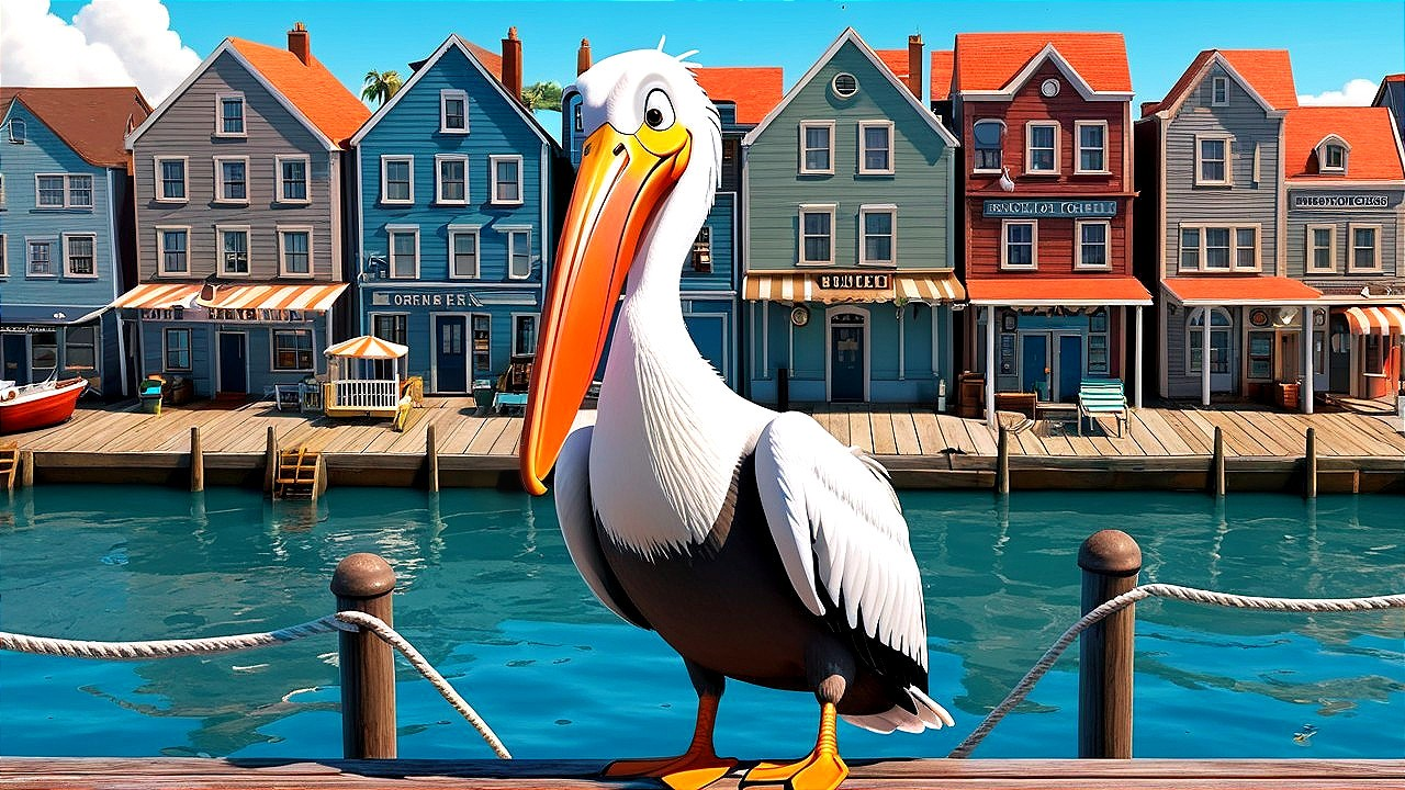 Cheerful Cartoon Pelican on Colorful Waterfront Dock