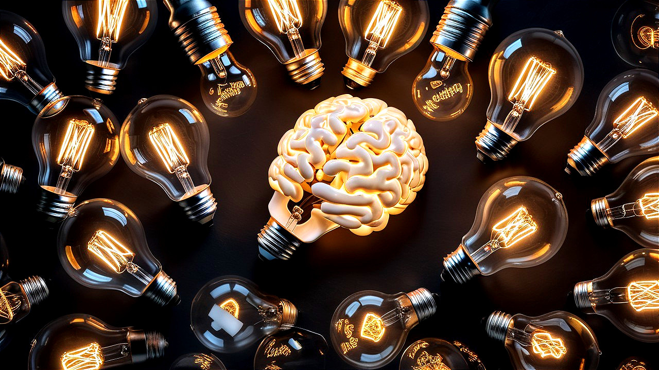 Brain-Shaped Light Bulb Surrounded by Traditional Bulbs