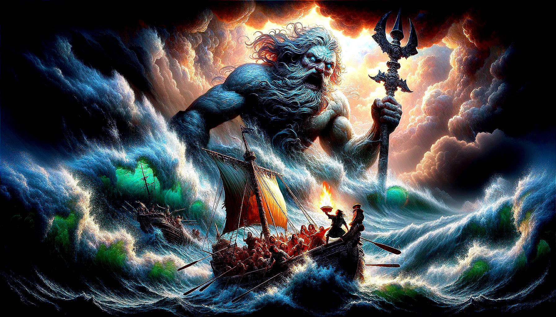 Colossal Sea God Overwhelms Ships in Stormy Ocean