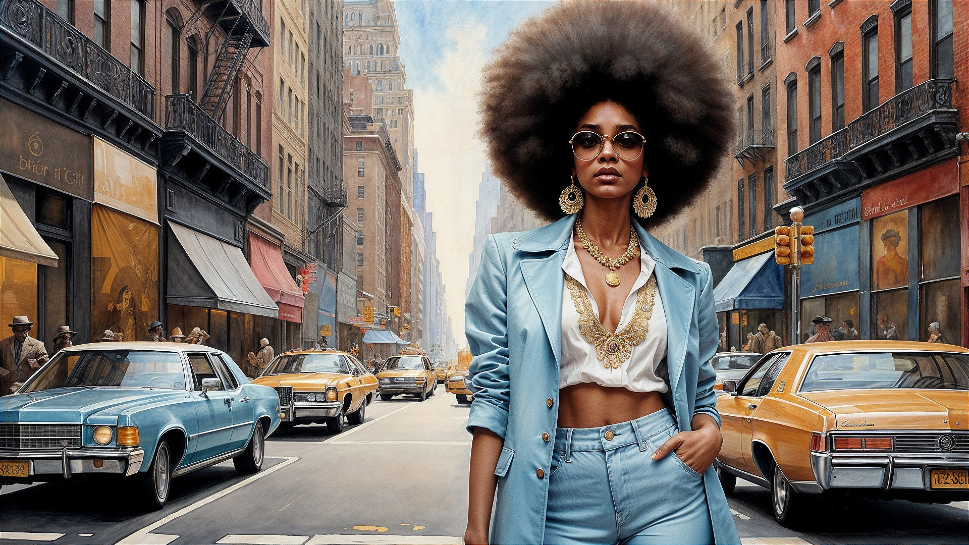 Stylish Woman with Afro in Urban Retro Scene