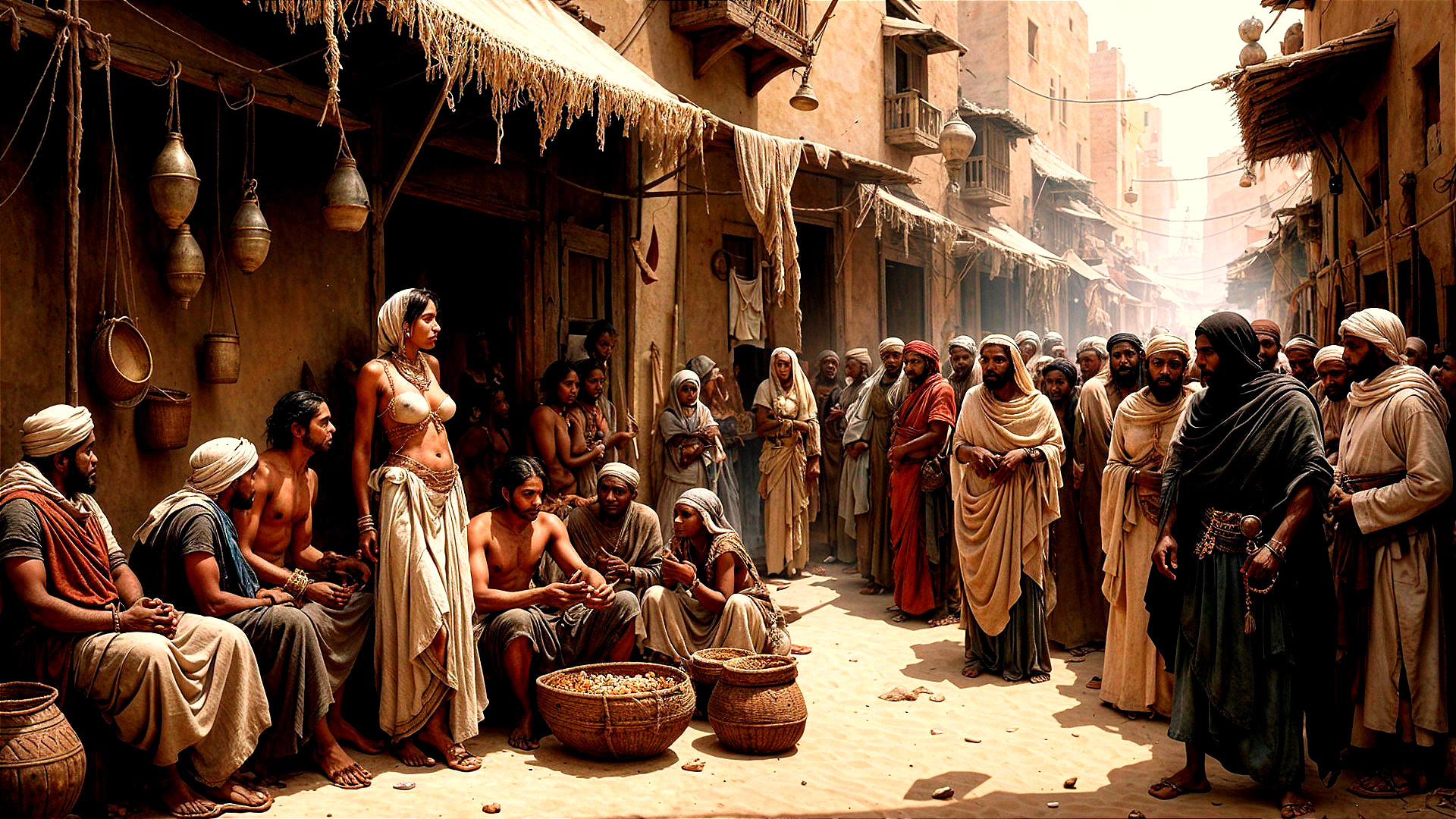 Ancient Marketplace with Diverse Crowds and Goods