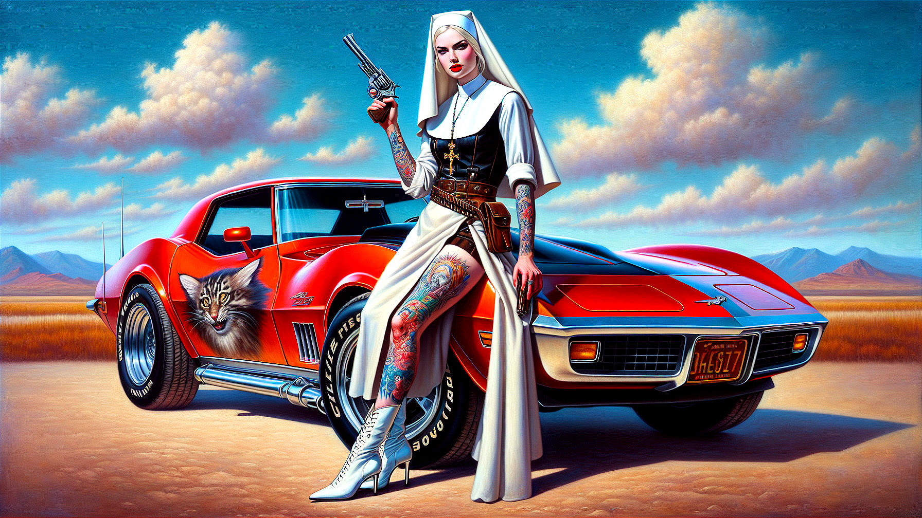 Tattooed Nun Posing with Red Corvette in Desert Setting
