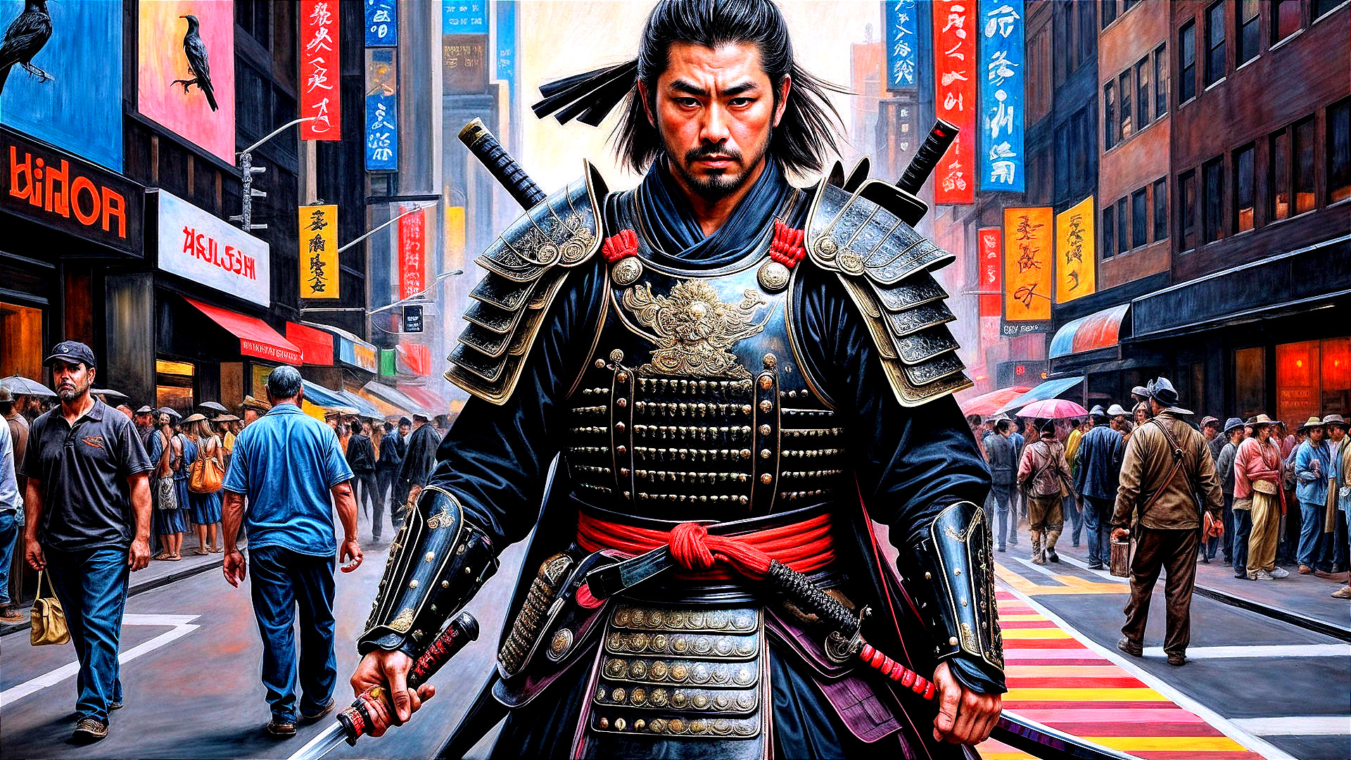 Samurai in Armor Amidst a Modern Cityscape
