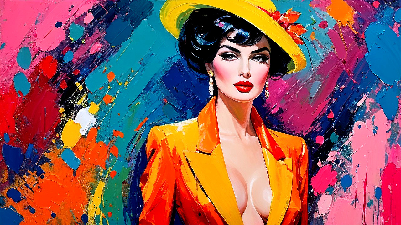 Vibrant Painting of Glamorous Woman in Bold Orange Suit