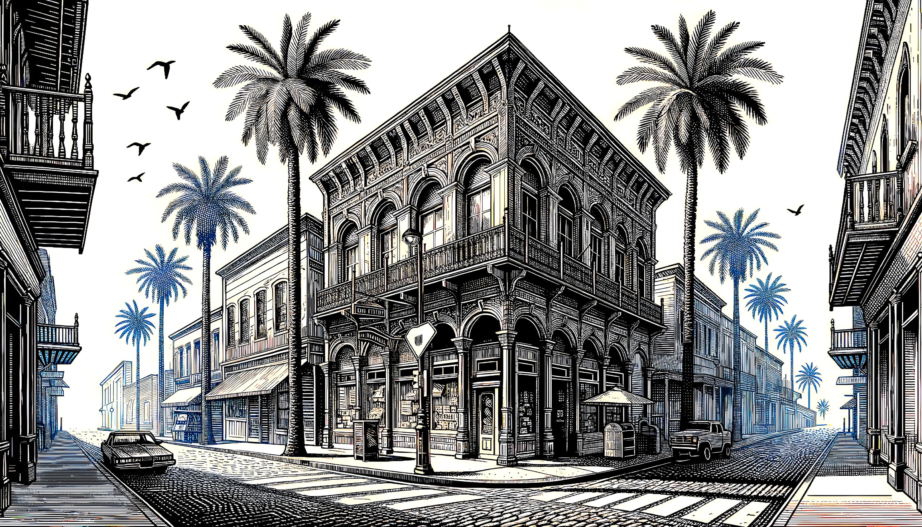 Black and White Illustration of a Sunny Street Scene