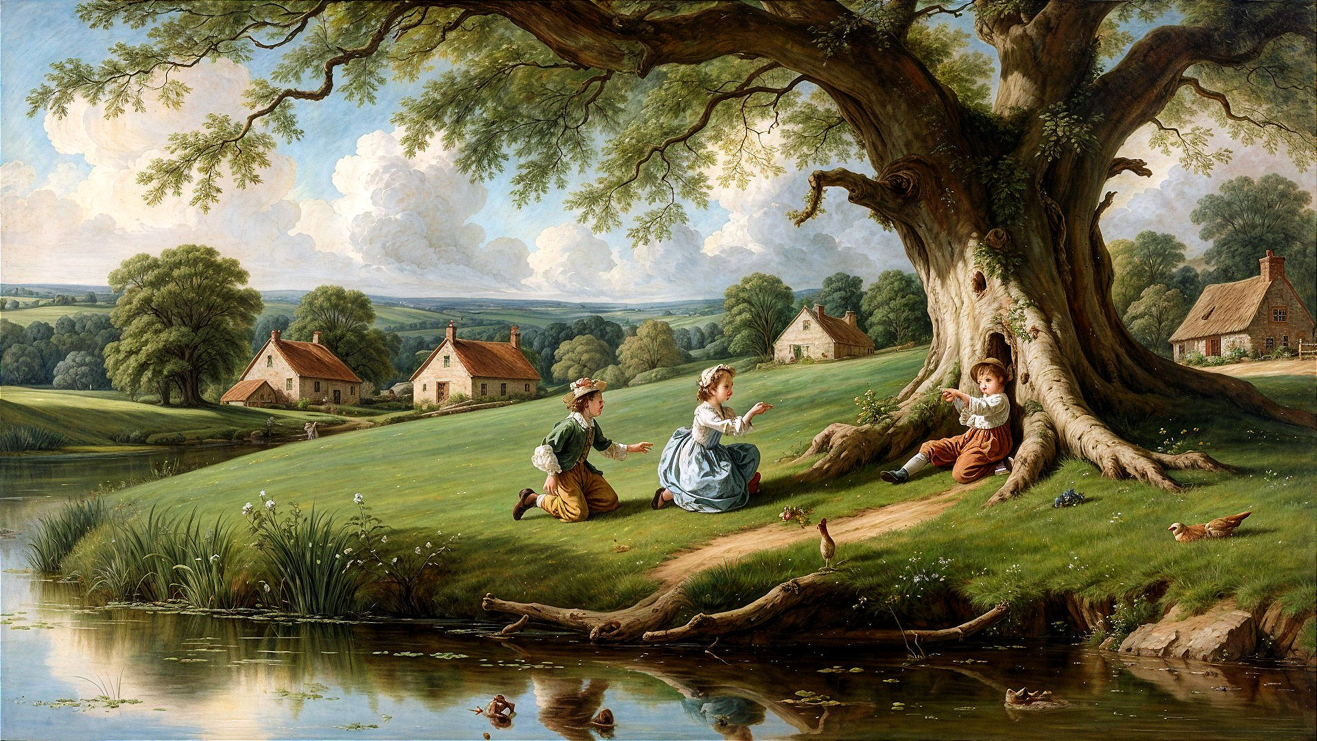 Serene rural scene with children by a calm lake