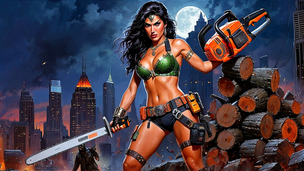 Fierce Female Warrior in Urban Landscape with Chainsaw