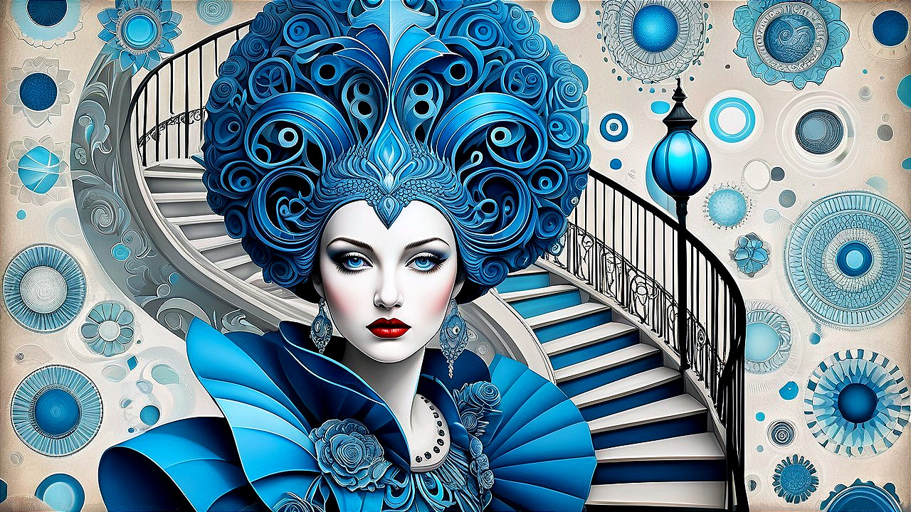 Dramatic Woman in Blue Headdress and Floral Gown